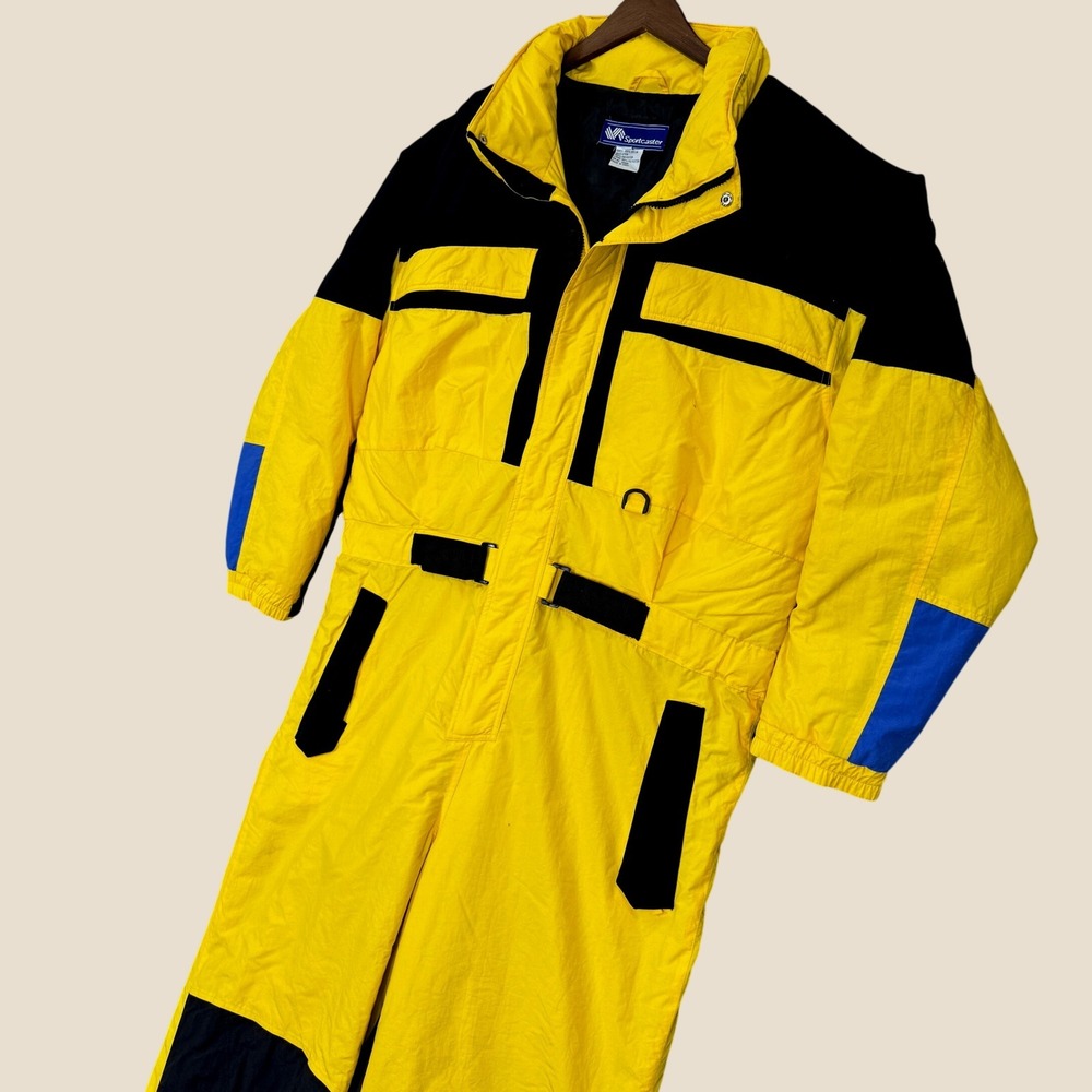Vintage Sportcaster Ski Suit Men XL Yellow Black Insulated Retro Snowsuit